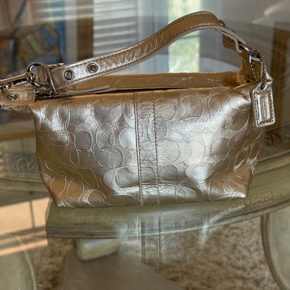 COACH Mini Top Handle Shoulder Bag Metallic Gold Embossed Signature C Leather - Picture 2 of 11